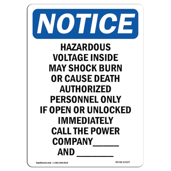 Safety Sign, OSHA Notice, 18" Height, Hazardous Voltage Inside May Shock Sign, Portrait